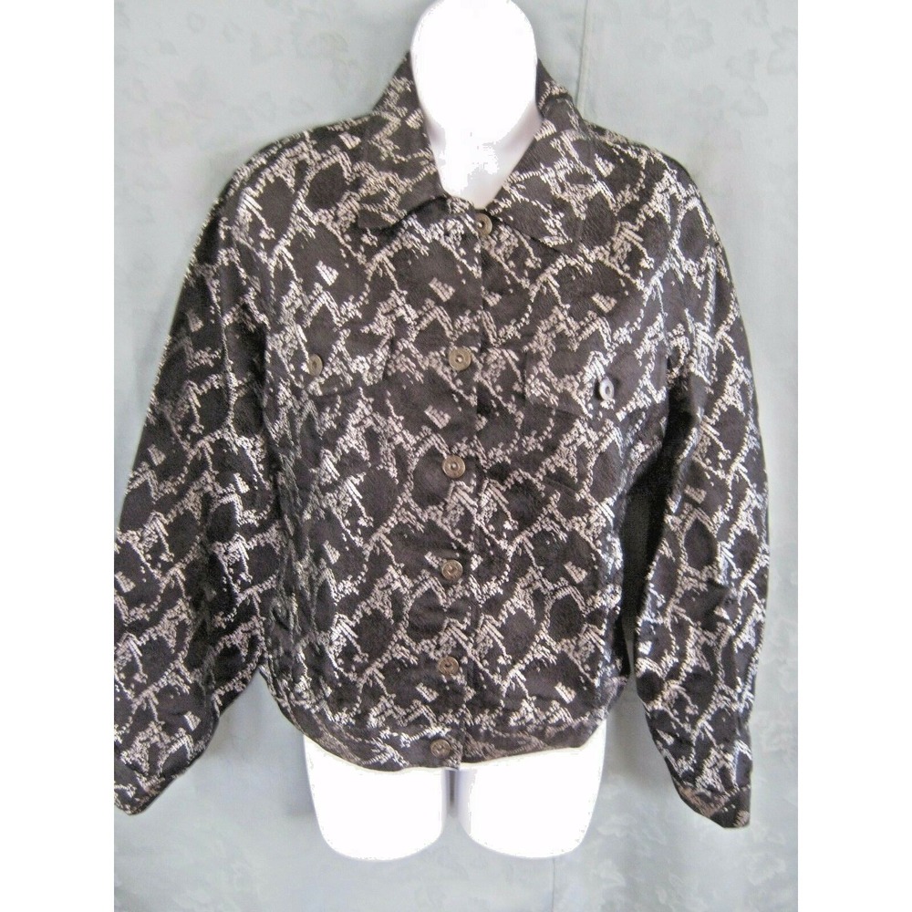 Silk Box Silk Blend Trucker Style Jacket Size 10 Black & Silver Abstract Print